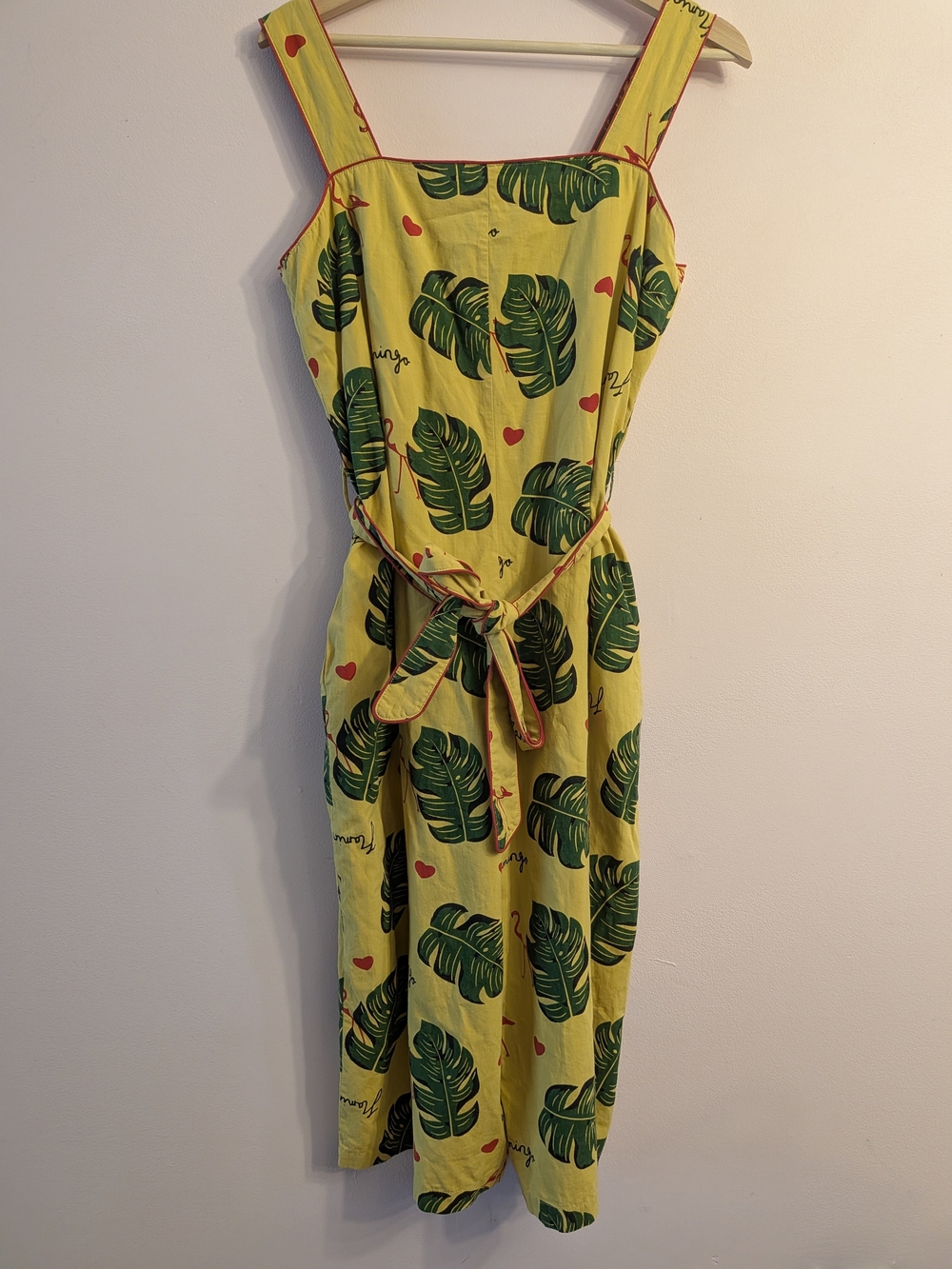 Funky Flamingo Yellow Tropical Leaf Midi Jump-suit with Waist Tie & Red Accents